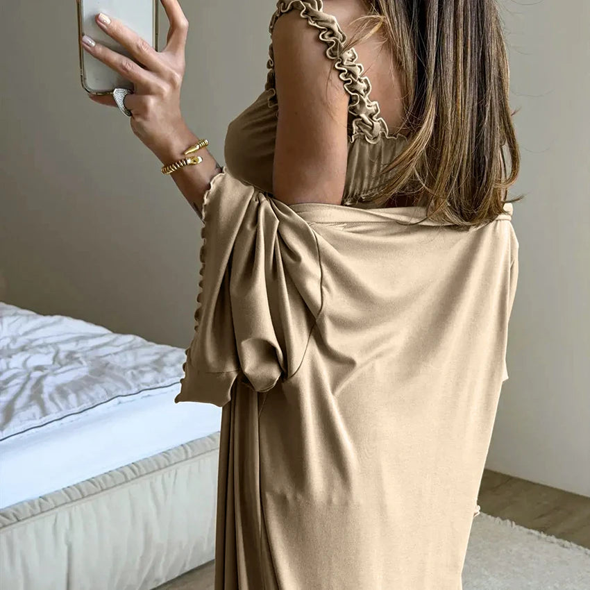 HiLoc Soft Drape Fabric Women's 3 Piece Pajama Set Ruffle Trim Cami Top Shorts With Belted Robe Sleepwear Loungewear Gift 2026