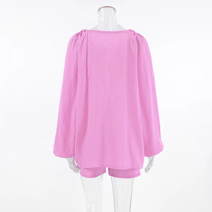 Hiloc Elegant Pink Lace-Up Lantern Sleeve Top Outfit Fitted High Waist Pure Cotton Shorts Suit Woman Drawstring Home Pajama Sets