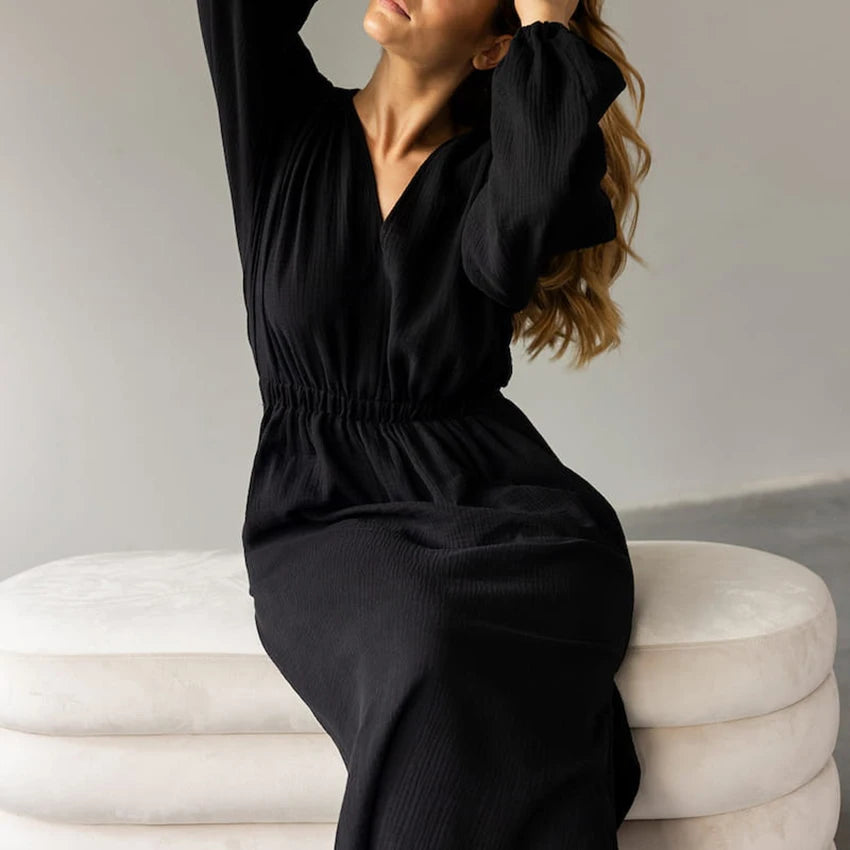 Hiloc Elegant Mid-Calf Blue Nightgowns Pure Cotton V-Neck Summer Lantern Sleeve Night Dress Folds Slit Pockets Nightdress Woman