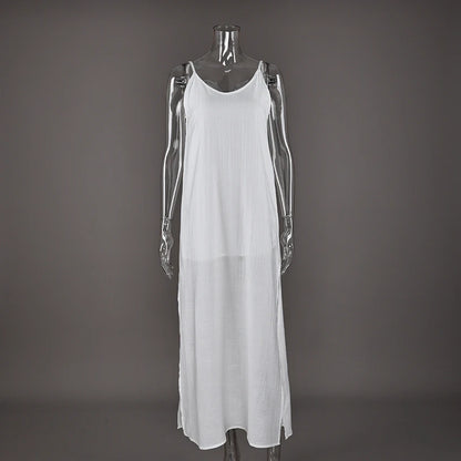 HiLoc Casual Loose White Long Dress Robe 2025 New Summer V Neck Dresses For Women Spring Sleeveless Straight Robes Nightgown
