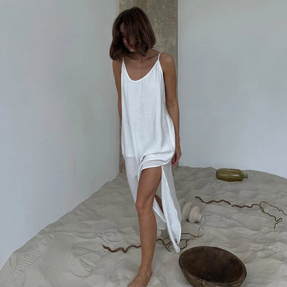 HiLoc Casual Loose White Long Dress Robe 2025 New Summer V Neck Dresses For Women Spring Sleeveless Straight Robes Nightgown