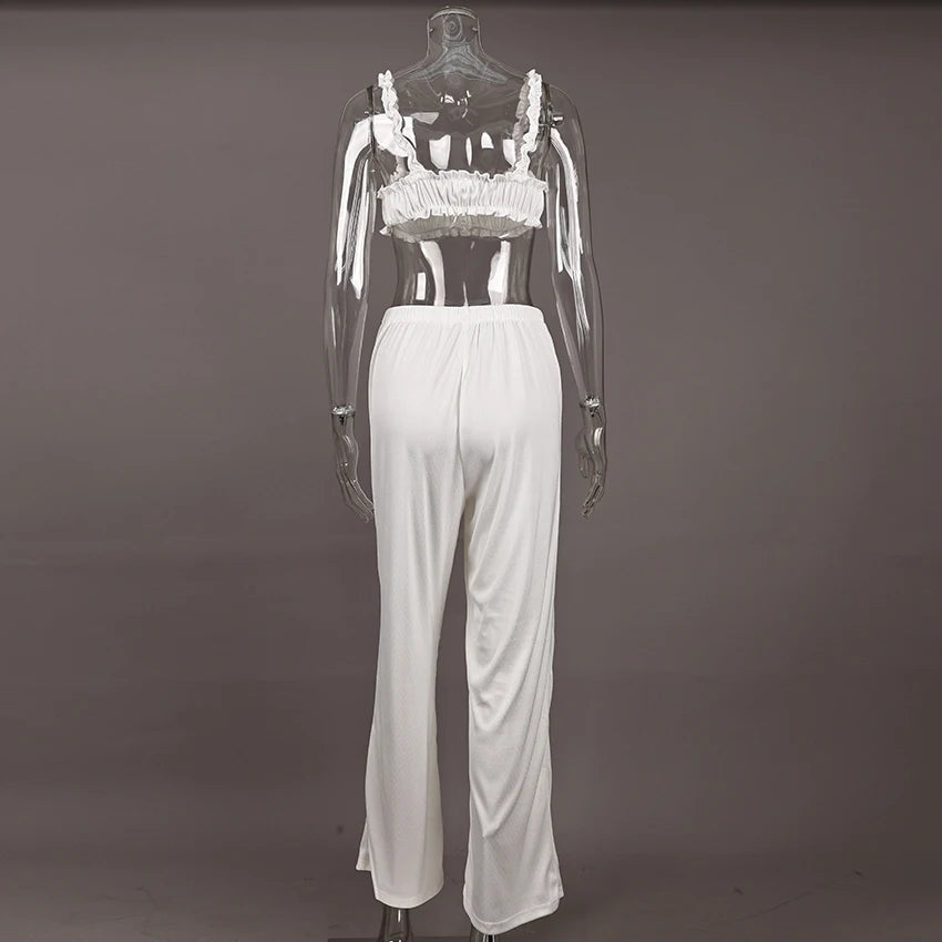 HiLoc Casual White Pants Sets With Ruffles Bra Pajamas For Women Summer Crop Top Sleepwear Wide Leg Pants Two Piece Sets 2025