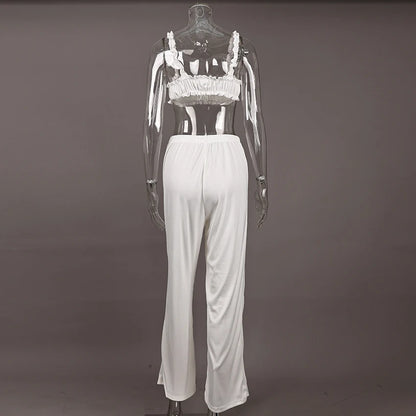 HiLoc Casual White Pants Sets With Ruffles Bra Pajamas For Women Summer Crop Top Sleepwear Wide Leg Pants Two Piece Sets 2025