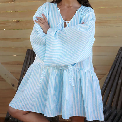 HiLoc Blue Stripe Casual Loose Woven Inelastic Mini Dress V-Neck Front Strap Horn Long Sleeve Ruffled Hem Nightdress 2026 Autumn