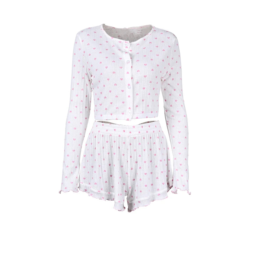 Hiloc Casual Knit Crop Top Print Pajamas Home Ruffles Tops With Wide Leg Shorts 2 Piece Sets O Neck Cute Sleepwear Female 2025
