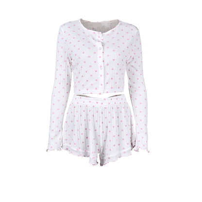 Hiloc Casual Knit Crop Top Print Pajamas Home Ruffles Tops With Wide Leg Shorts 2 Piece Sets O Neck Cute Sleepwear Female 2025