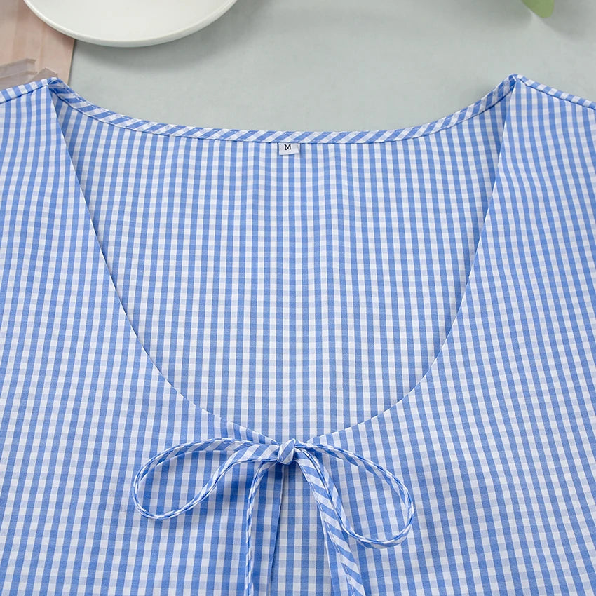 Hiloc Summer Blue Plaid Shorts Women's Sets Short Sleeve Home Suit For Women Round Neck Lacing Casual Lingerie For Ladies 2025