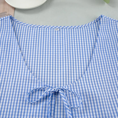 Hiloc Summer Blue Plaid Shorts Women's Sets Short Sleeve Home Suit For Women Round Neck Lacing Casual Lingerie For Ladies 2025