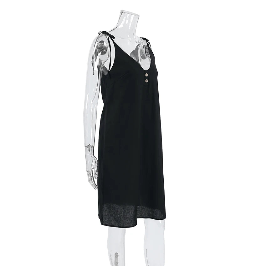 Hiloc Black Pure Cotton Sleeveless Woman Night Dress Loose Button Sleepdress Woven Spaghetti Strap Plunging Neckline Nightgowns