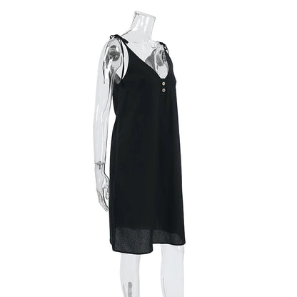 Hiloc Black Pure Cotton Sleeveless Woman Night Dress Loose Button Sleepdress Woven Spaghetti Strap Plunging Neckline Nightgowns