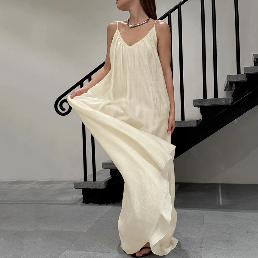 HiLoc Casual Loose Brown Long Robe Female 2026 Street Chic Apricot Backless Dress For Women Spring Casual Straight Nightgown