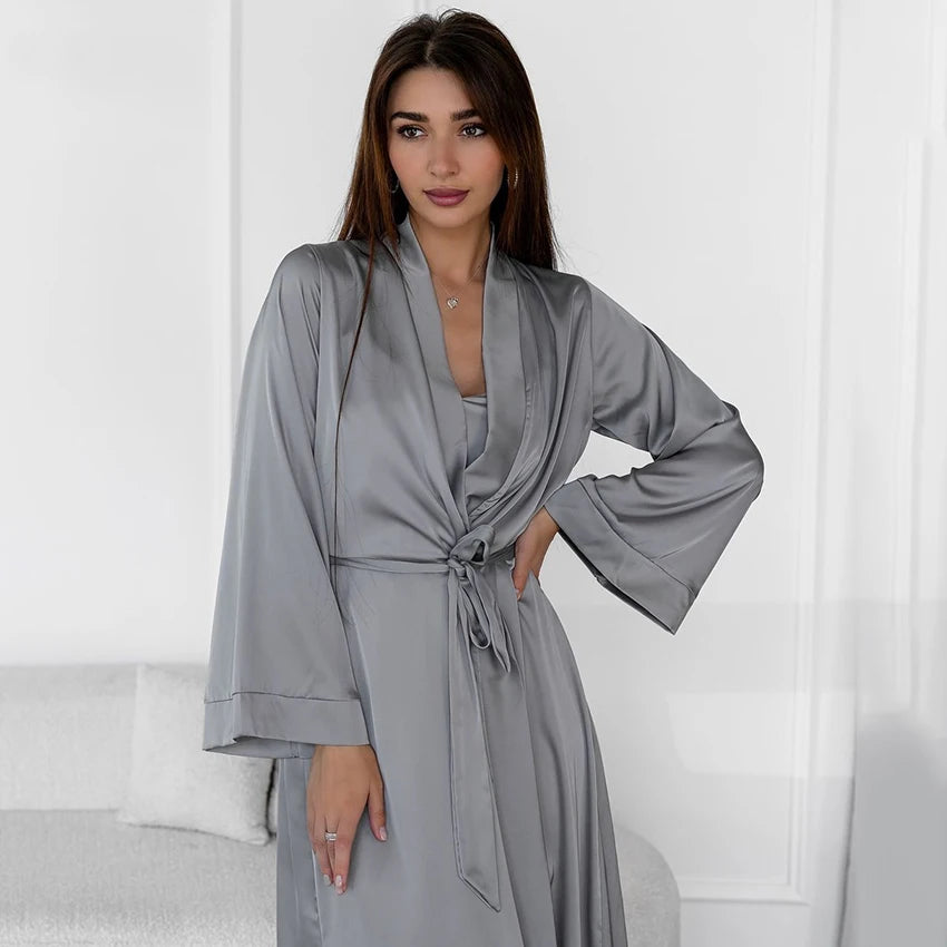 HiLoc Luxury Satin Nightgown Robe Set Women's V-Neck Spaghetti Strap Chemise Long Sleeve Belted Robe 2 Piece Loungewear 2026
