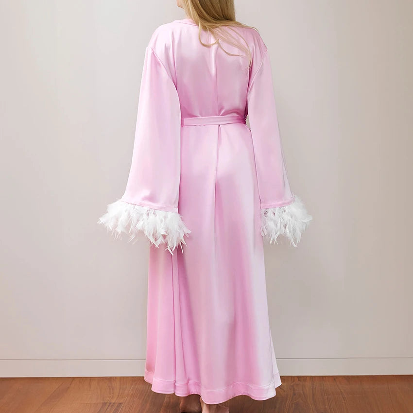 HiLoc Elegant Pink With Feather Nightgown 2 Piece Sets Women Lace Spaghetti Strap Dress Long Sleeve Wrap Robe 2026 Fall Pajamas