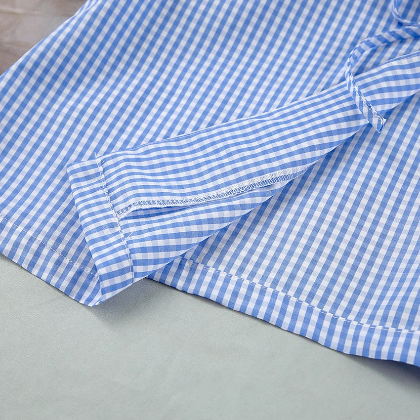 Hiloc Summer Blue Plaid Shorts Women's Sets Short Sleeve Home Suit For Women Round Neck Lacing Casual Lingerie For Ladies 2025