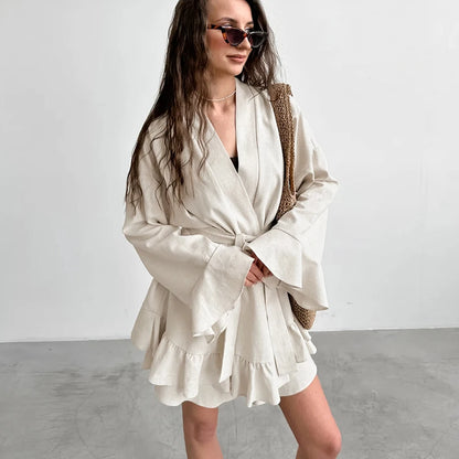 Hiloc Elegant Khaki Home Flare Sleeve V-Neck Belt Robe Suit Summer Loose Shorts Outfit Woman Ruffles Woven Pajama Set 2025 Solid