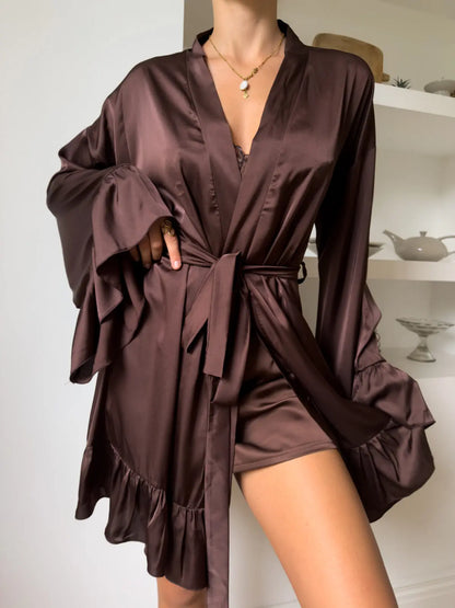 Hiloc Women 2 Piece Brown Satin Loungewear Set Lace Trim Slip Dress Ruffle Sleeve Robe Elegant Sleepwear 2026 Summer New