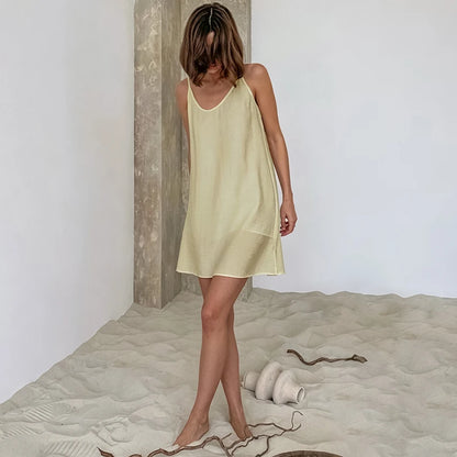 Hiloc Casual Blue Loose Mini Robe For Women Summer Sexy White Backless Nightgown Female 2026 Daily Black Sleeveless Sleep Dress