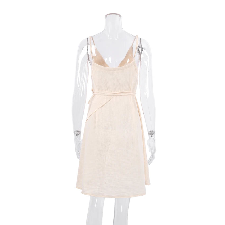 Hiloc Apricot Elegant Pure Cotton Short Dresses Summer Woven Loose High-Slit Lace-Up Nightgowns Spaghetti Strap Woman Sleepdress