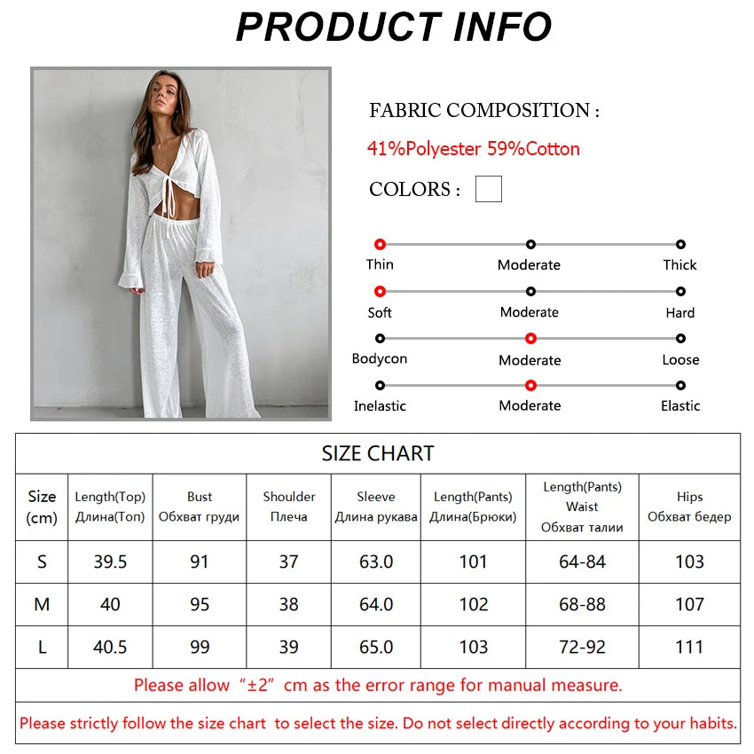 HiLoc Sexy V-Neck Knitted Thin Trousers Pajamas Women Casual Lace-Up Crop Tops With Loose Long Pants Sleepwears White Suits 2026