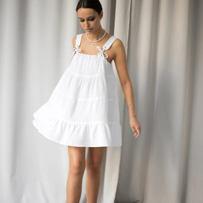 Hiloc White Pure Cotton Sweet Spaghetti Strap Mini Dress Summer Pullover Bow Backless Nightgowns Lace-Up Loose Night Dress Woman
