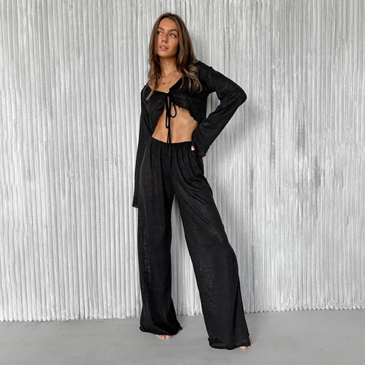 HiLoc Sexy V-Neck Knitted Thin Trousers Pajamas Women Casual Lace-Up Crop Tops With Loose Long Pants Sleepwears White Suits 2026