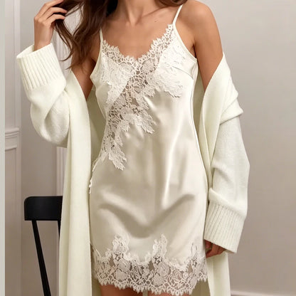Hiloc Elegant  Apricot Woven Nightgown Two-Piece Loose Thin Long-Sleeved Nightgown Lace V-Neck Mini Skirt 2026 Autumn Gown Suits