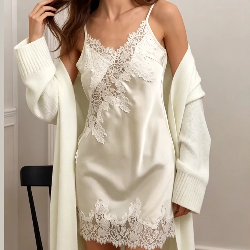 Hiloc Elegant  Apricot Woven Nightgown Two-Piece Loose Thin Long-Sleeved Nightgown Lace V-Neck Mini Skirt 2026 Autumn Gown Suits
