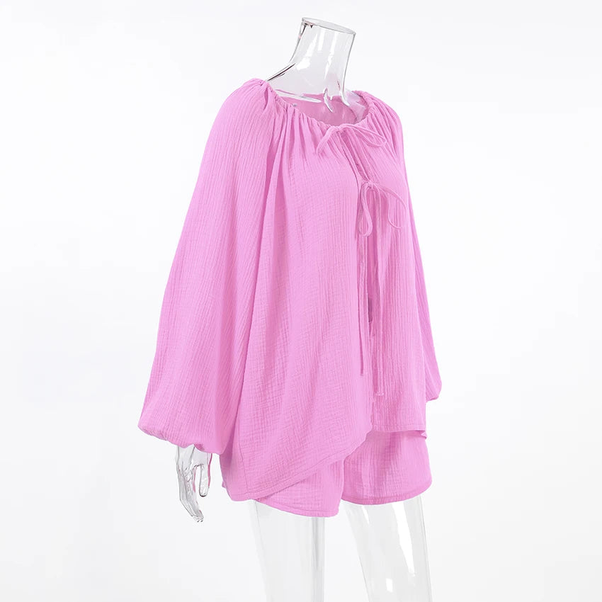 Hiloc Elegant Pink Lace-Up Lantern Sleeve Top Outfit Fitted High Waist Pure Cotton Shorts Suit Woman Drawstring Home Pajama Sets