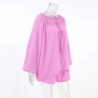 Hiloc Elegant Pink Lace-Up Lantern Sleeve Top Outfit Fitted High Waist Pure Cotton Shorts Suit Woman Drawstring Home Pajama Sets