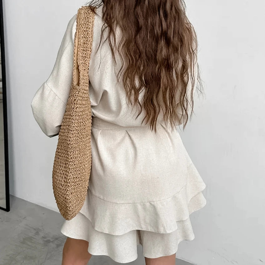 Hiloc Elegant Khaki Home Flare Sleeve V-Neck Belt Robe Suit Summer Loose Shorts Outfit Woman Ruffles Woven Pajama Set 2025 Solid