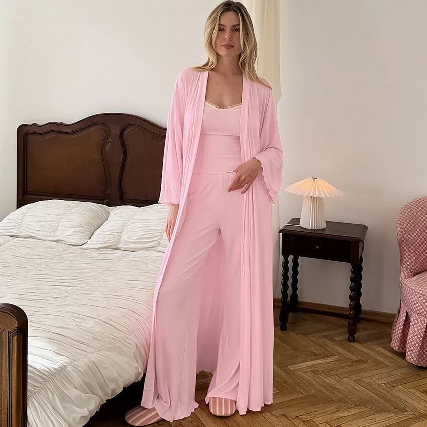 HiLoc Pink Casual Knitted Elastic Pajamas 3 Set Long Sleeves Long Robe Sleeveless Camisole Top Elastic Waist Full Length Pants