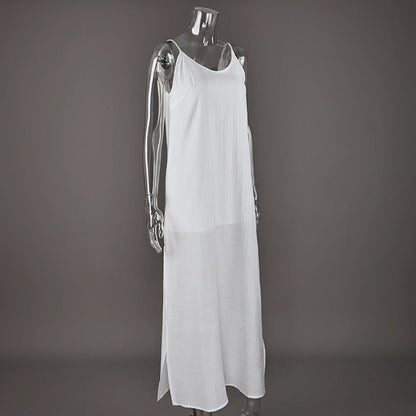HiLoc Casual Loose White Long Dress Robe 2025 New Summer V Neck Dresses For Women Spring Sleeveless Straight Robes Nightgown