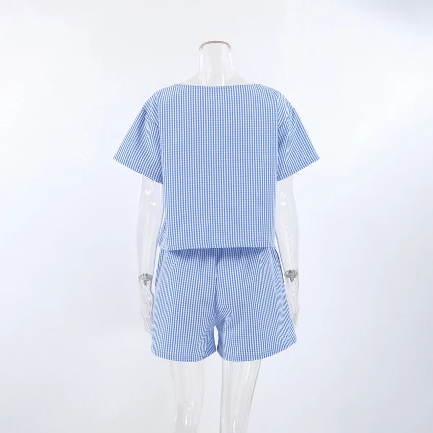 Hiloc Summer Blue Plaid Shorts Women's Sets Short Sleeve Home Suit For Women Round Neck Lacing Casual Lingerie For Ladies 2025