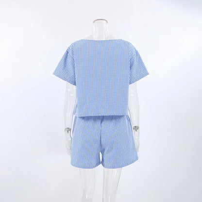 Hiloc Summer Blue Plaid Shorts Women's Sets Short Sleeve Home Suit For Women Round Neck Lacing Casual Lingerie For Ladies 2025