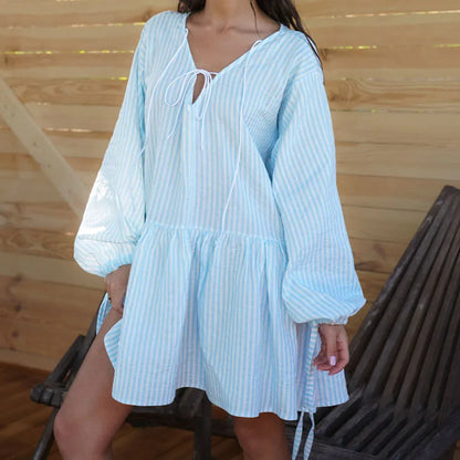 HiLoc Blue Stripe Casual Loose Woven Inelastic Mini Dress V-Neck Front Strap Horn Long Sleeve Ruffled Hem Nightdress 2026 Autumn