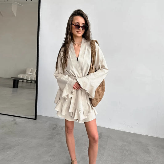 Hiloc Elegant Khaki Home Flare Sleeve V-Neck Belt Robe Suit Summer Loose Shorts Outfit Woman Ruffles Woven Pajama Set 2025 Solid