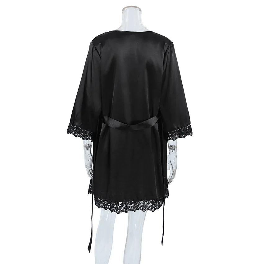 HiLoc Fashion Black Robe 2 Pieces Sleepwear 2025 Sexy Lace V Neck Mini Dress Women Casual Long Sleeve Robe Dresses Pajamas Lady
