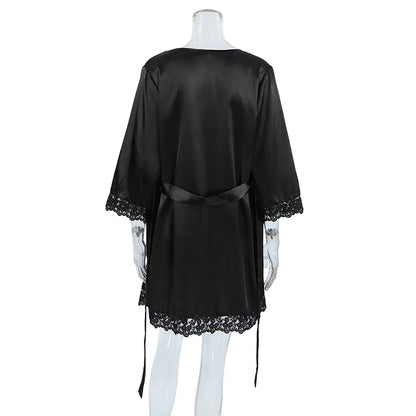 HiLoc Fashion Black Robe 2 Pieces Sleepwear 2025 Sexy Lace V Neck Mini Dress Women Casual Long Sleeve Robe Dresses Pajamas Lady