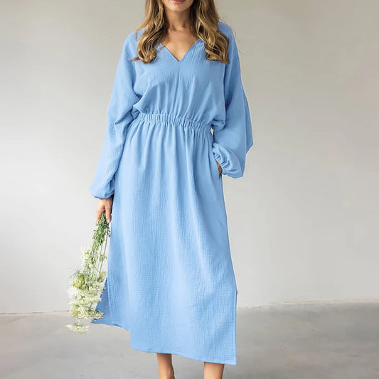 Hiloc Elegant Mid-Calf Blue Nightgowns Pure Cotton V-Neck Summer Lantern Sleeve Night Dress Folds Slit Pockets Nightdress Woman