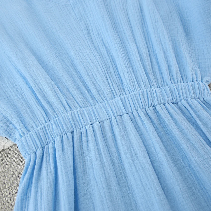 Hiloc Elegant Mid-Calf Blue Nightgowns Pure Cotton V-Neck Summer Lantern Sleeve Night Dress Folds Slit Pockets Nightdress Woman