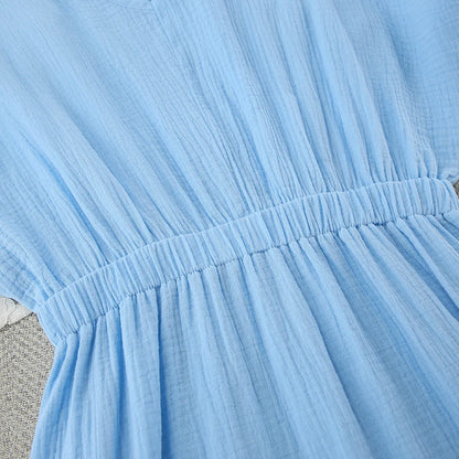 Hiloc Elegant Mid-Calf Blue Nightgowns Pure Cotton V-Neck Summer Lantern Sleeve Night Dress Folds Slit Pockets Nightdress Woman