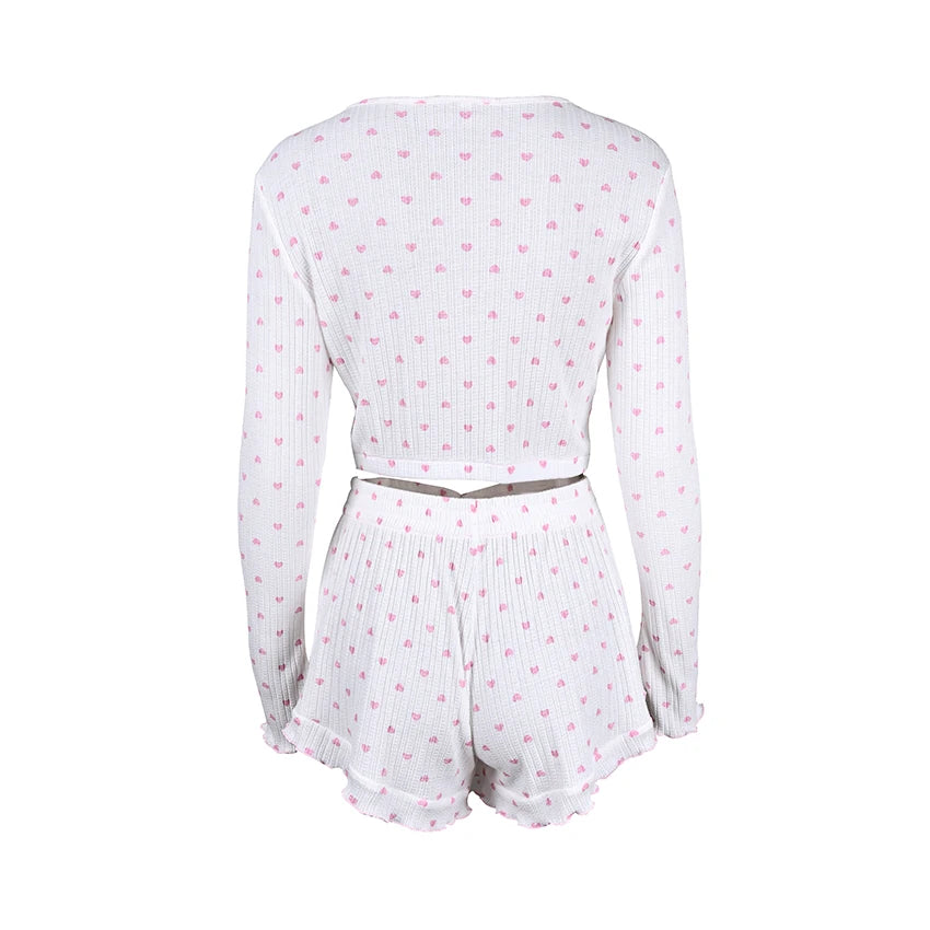 Hiloc Casual Knit Crop Top Print Pajamas Home Ruffles Tops With Wide Leg Shorts 2 Piece Sets O Neck Cute Sleepwear Female 2025