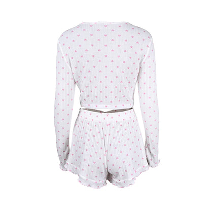 Hiloc Casual Knit Crop Top Print Pajamas Home Ruffles Tops With Wide Leg Shorts 2 Piece Sets O Neck Cute Sleepwear Female 2025