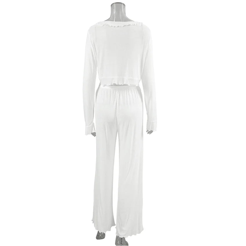 HiLoc Sexy V-Neck Knitted Thin Trousers Pajamas Women Casual Lace-Up Crop Tops With Loose Long Pants Sleepwears White Suits 2026