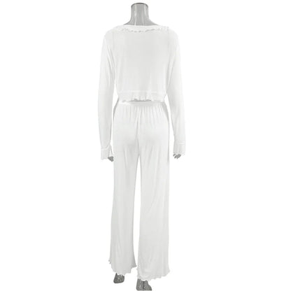 HiLoc Sexy V-Neck Knitted Thin Trousers Pajamas Women Casual Lace-Up Crop Tops With Loose Long Pants Sleepwears White Suits 2026