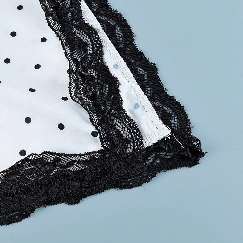 Hiloc Women 2 Piece Satin Polka Dot Pajama Set Black Lace Trim Cami Top Wide Leg Pants Sexy Elegant Loungewear Sleepwear Summer