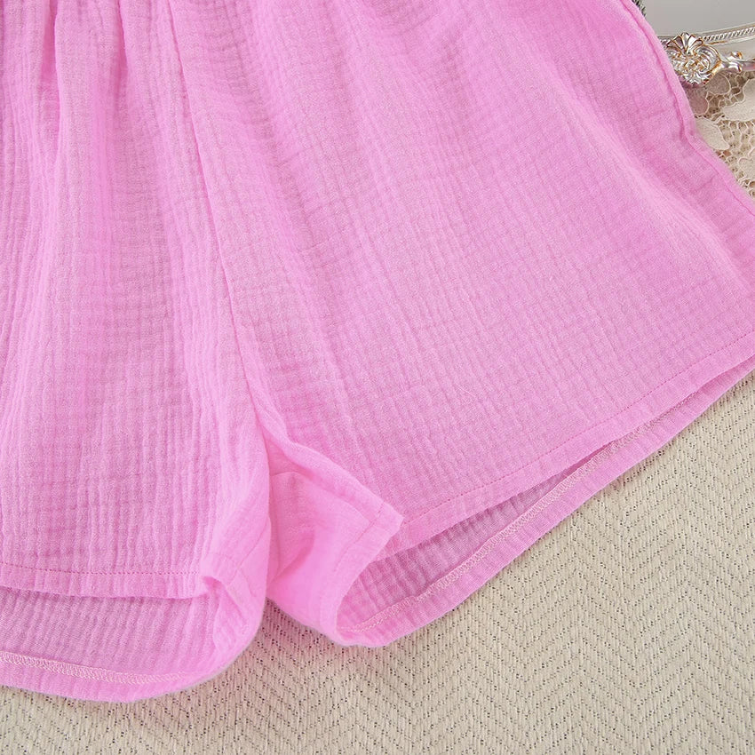 Hiloc Elegant Pink Lace-Up Lantern Sleeve Top Outfit Fitted High Waist Pure Cotton Shorts Suit Woman Drawstring Home Pajama Sets
