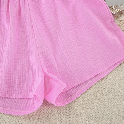 Hiloc Elegant Pink Lace-Up Lantern Sleeve Top Outfit Fitted High Waist Pure Cotton Shorts Suit Woman Drawstring Home Pajama Sets