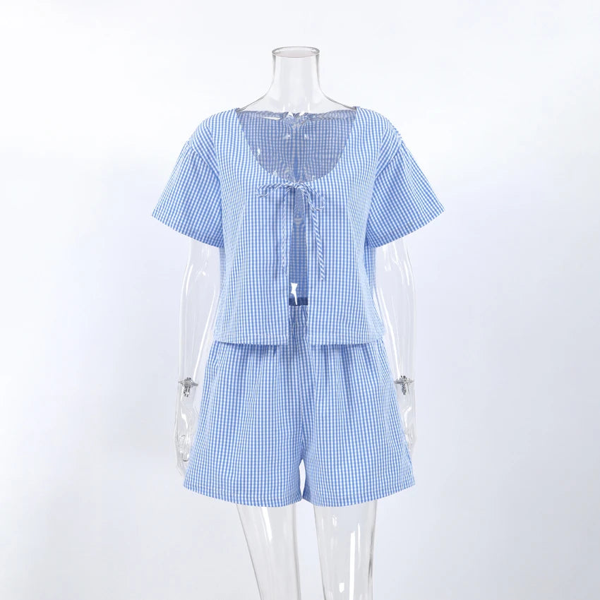 Hiloc Summer Blue Plaid Shorts Women's Sets Short Sleeve Home Suit For Women Round Neck Lacing Casual Lingerie For Ladies 2025