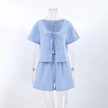 Hiloc Summer Blue Plaid Shorts Women's Sets Short Sleeve Home Suit For Women Round Neck Lacing Casual Lingerie For Ladies 2025